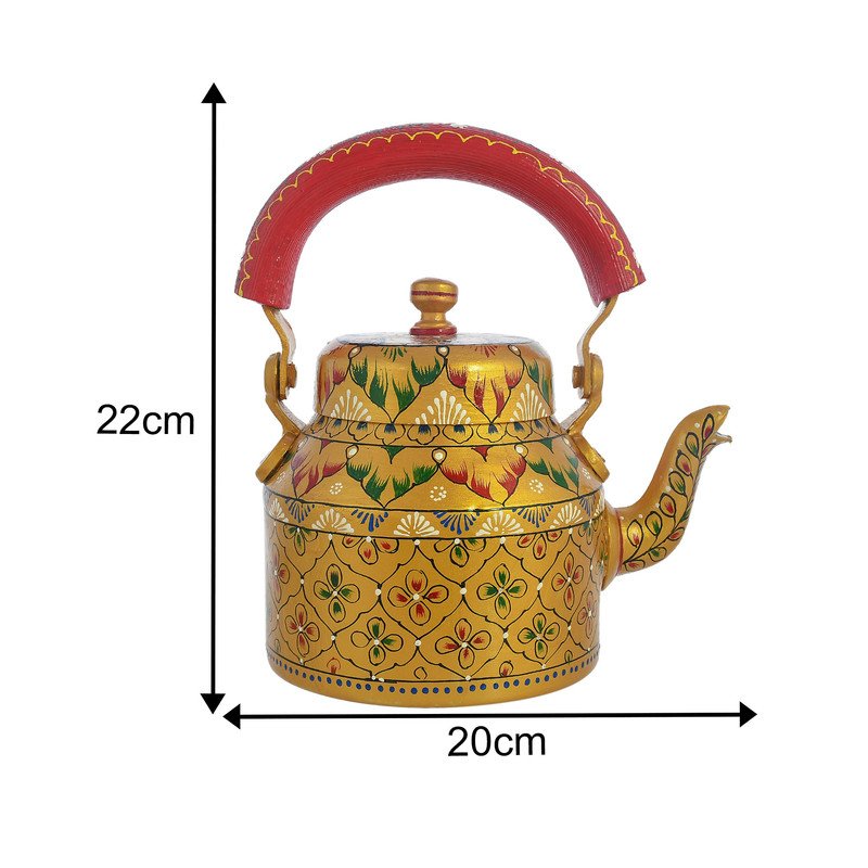 HandPainted Alluminium Tea Kettle with Four Glasses and Wooden Tray For Home Décor , Tea Party , Serving - Image 3