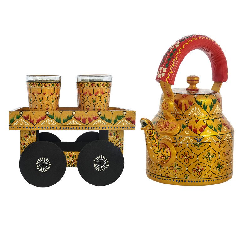 HandPainted Alluminium Tea Kettle with Four Glasses and Wooden Tray For Home Décor , Tea Party , Serving - Image 5