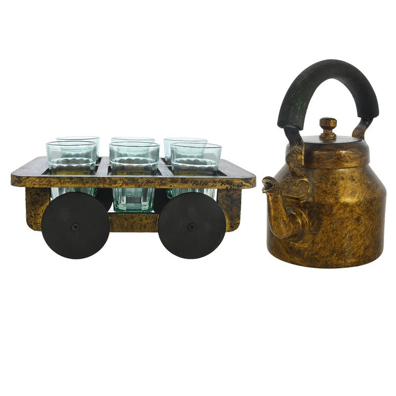 HandPainted Alluminium Tea Kettle with 6 Glasses and Wooden Tray For Home Décor , Tea Party , Serving - Image 6
