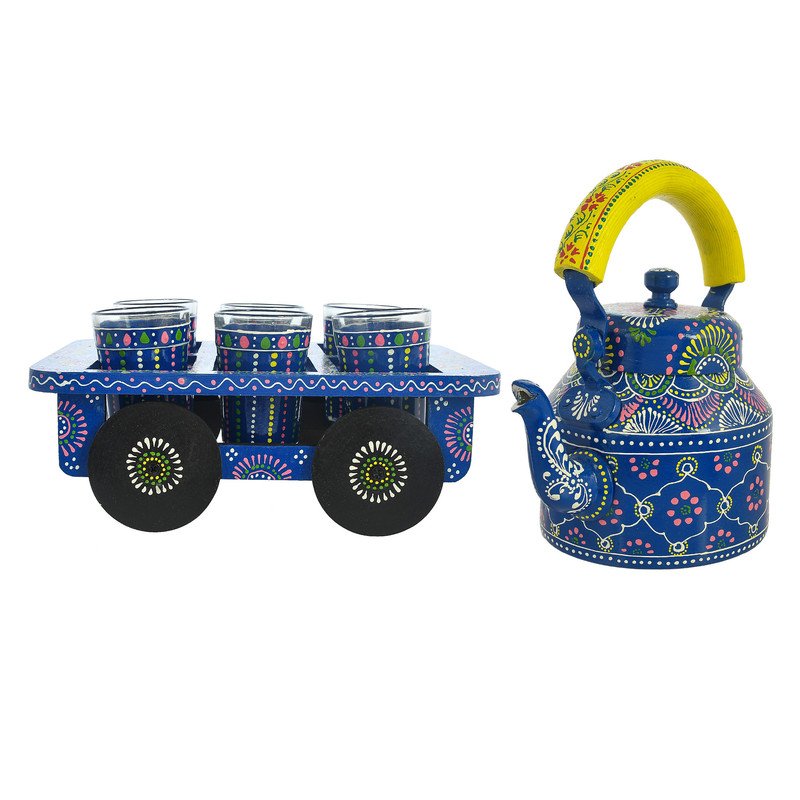 HandPainted Alluminium Tea Kettle with 6 Glasses and Wooden Tray For Home Décor , Tea Party , Serving - Image 6