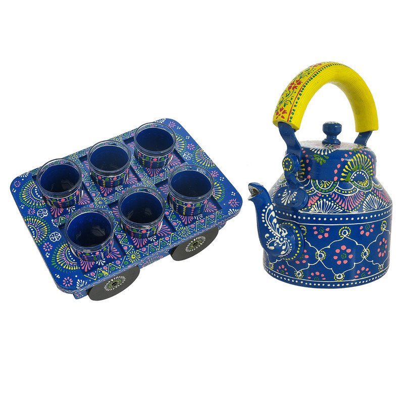 HandPainted Alluminium Tea Kettle with 6 Glasses and Wooden Tray For Home Décor , Tea Party , Serving - Image 2