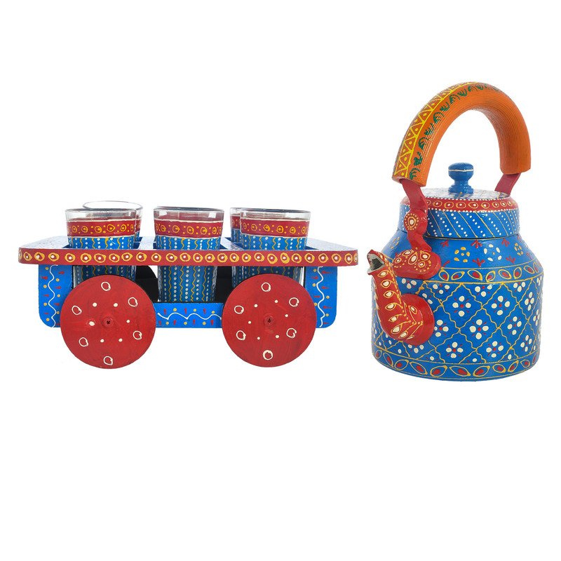 HandPainted Alluminium Tea Kettle with 6 Glasses and Wooden Tray For Home Décor , Tea Party , Serving - Image 6