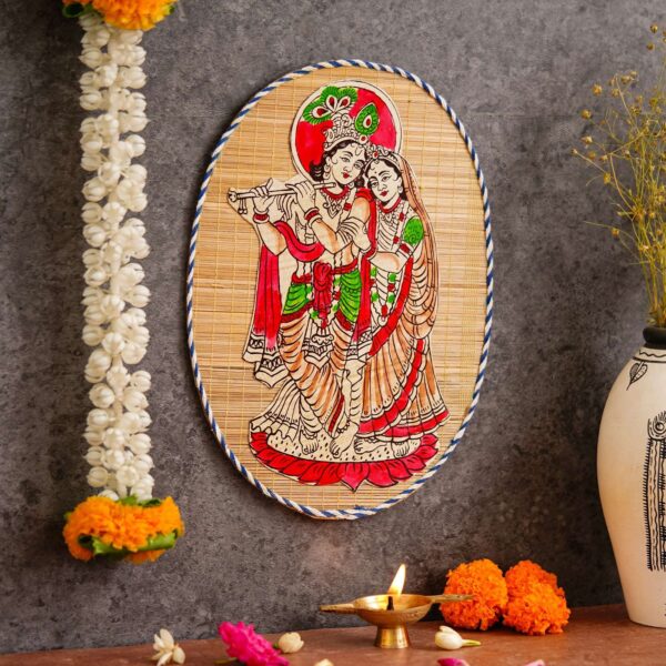 Oval Shaped Design Bamboo Hand Crafted Wall Hangings Of Krishna Ji With Radha Ji For Home D?cor | Bamboo Art For Wall Decor