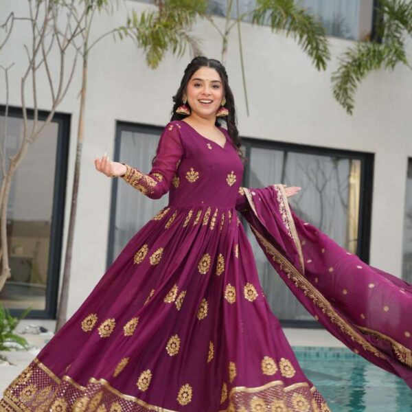 Women’s Ethnic Anarkali Style Floor-Length Gown in Magenta with Golden Zari Embroidery – Festive & Wedding Wear