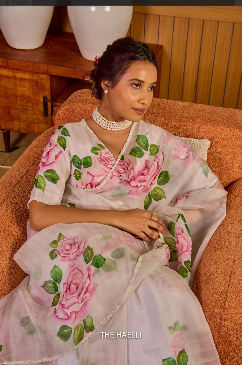 Women's Elegant White Organza Saree with Hand-Painted Pink Rose Floral Print – Complete with Matching Blouse for Day & Festive Wear - Image 7