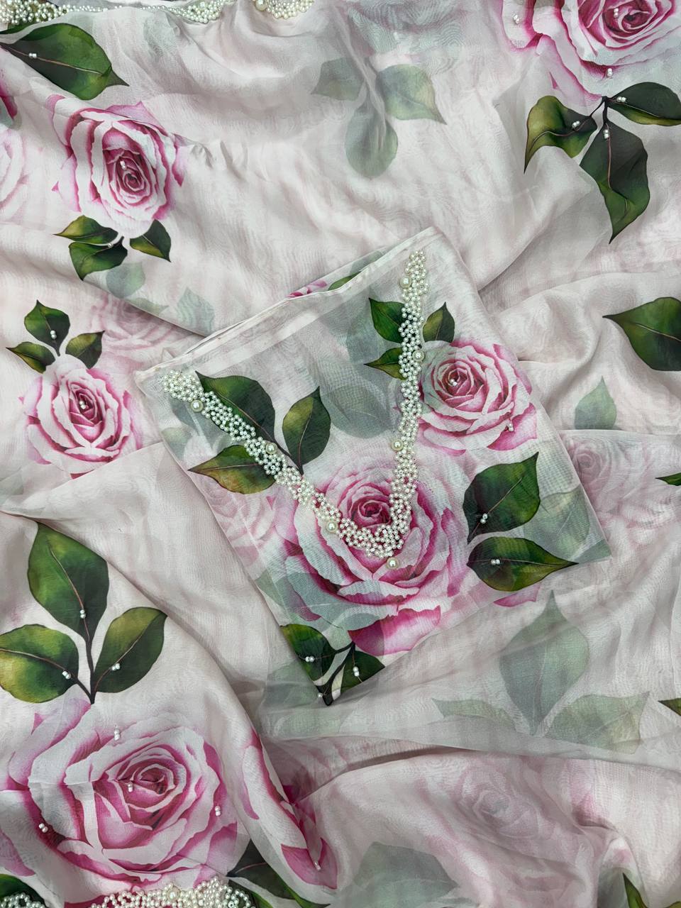 Women's Elegant White Organza Saree with Hand-Painted Pink Rose Floral Print – Complete with Matching Blouse for Day & Festive Wear - Image 5