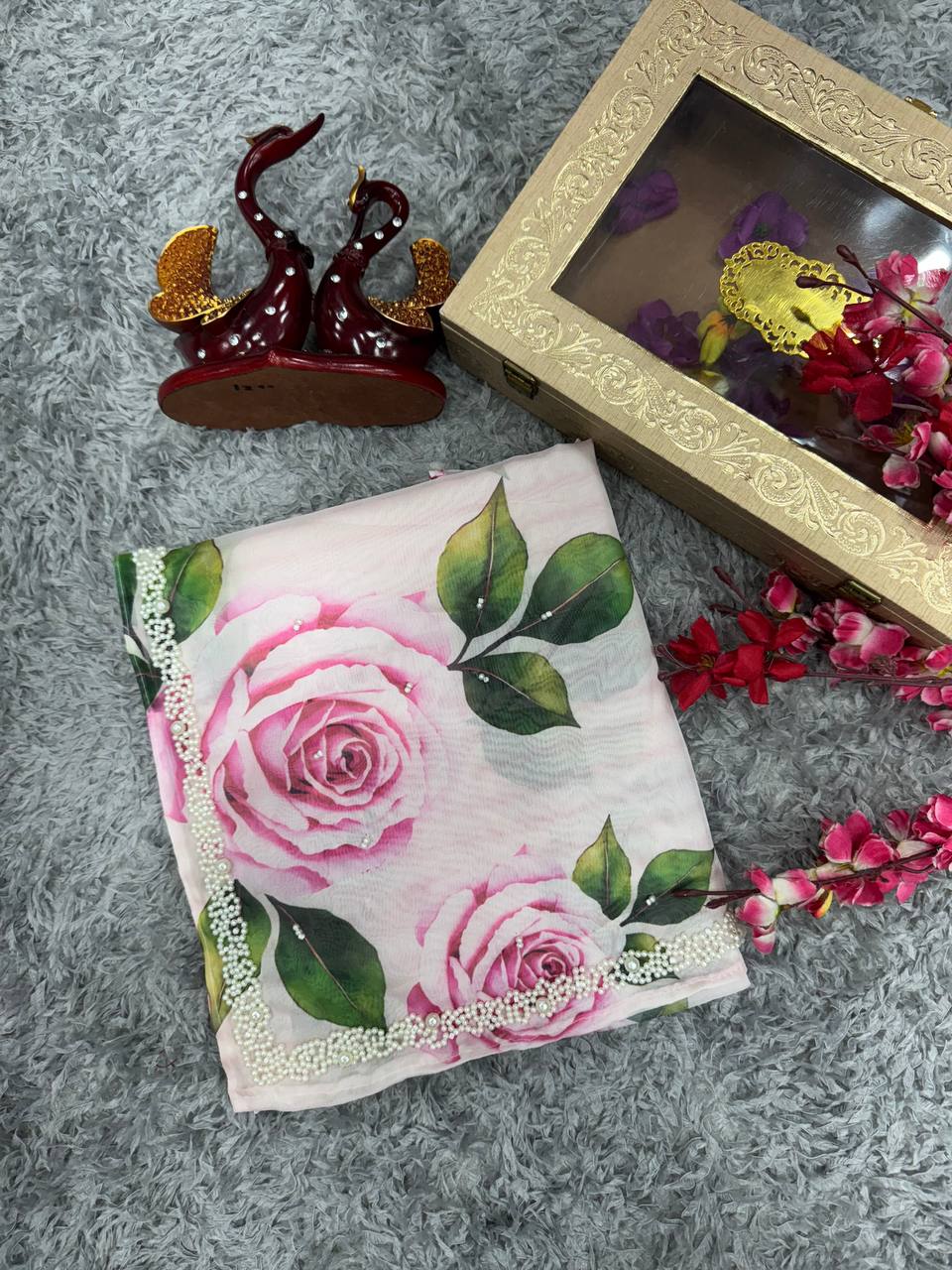 Women's Elegant White Organza Saree with Hand-Painted Pink Rose Floral Print – Complete with Matching Blouse for Day & Festive Wear - Image 3