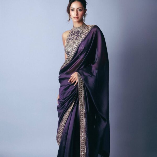 Women's Luxurious Plum Satin Saree with Intricate Zari & Sequin Embroidered Blouse
