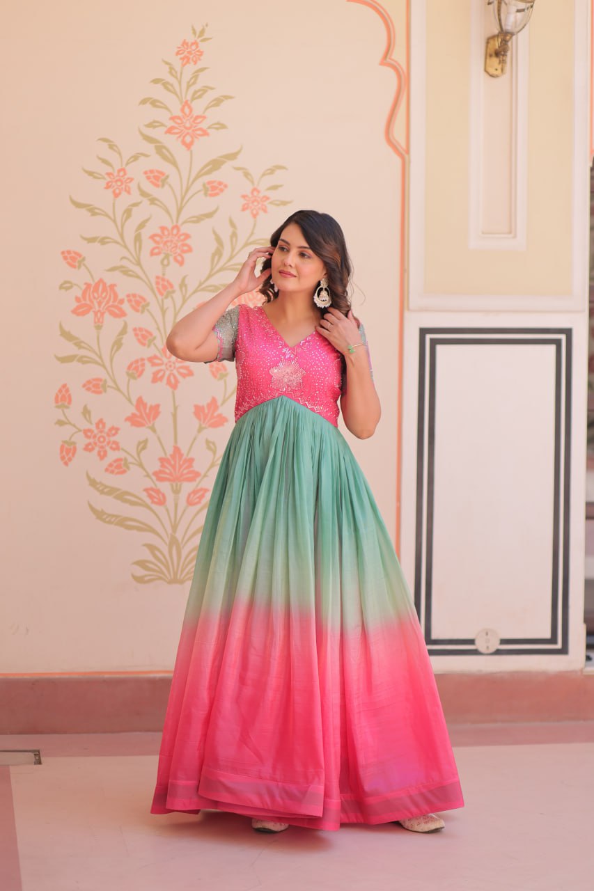 Women's Dual-Tone Ombre Gown in Candy Pink & Aqua Green with Embroidered Bodice – Festive & Contemporary Wear - Image 5