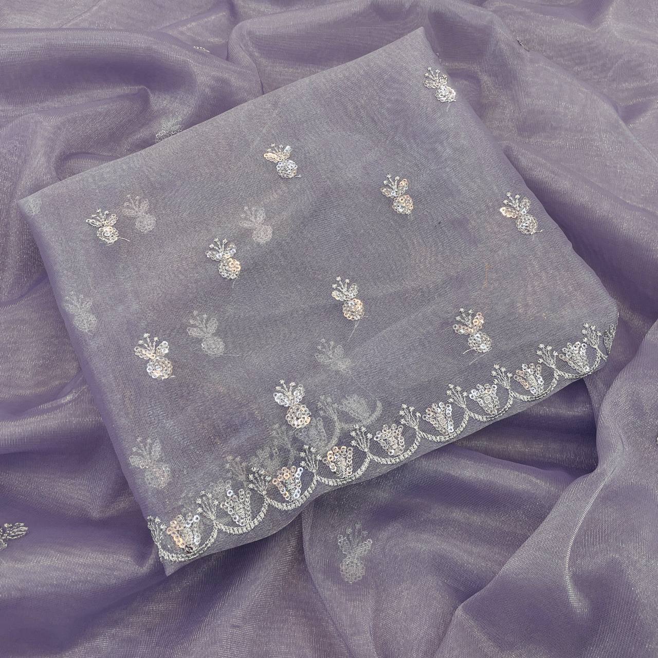 Women's Dreamy Lavender Twill Net Saree with All-Over Silver Sequin & Thread Embroidery – Complete with Heavily Worked Border for Festive & Wedding Wear - Image 3