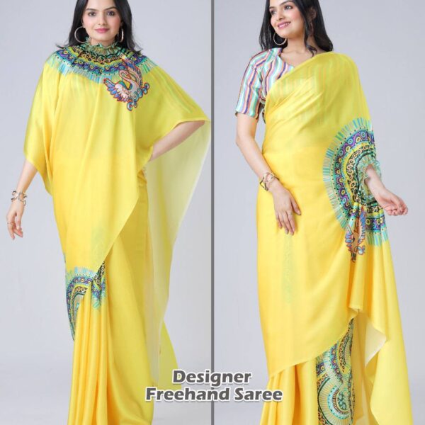 Women's Vibrant Lemon Yellow Satin Silk Kaftan Saree with Multi-Color Digital Print Yoke & Border Design