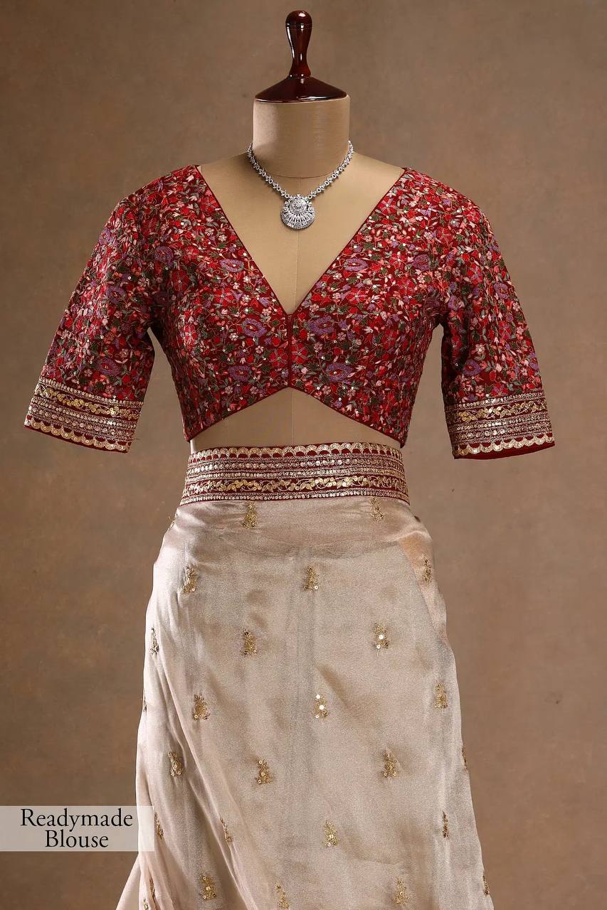 Women's Exquisite Ivory Tissue Organza Saree with Gold Sequin & Zari Embroidery – Paired with Heavy Maroon Readymade Blouse for Wedding & Festive Wear - Image 4