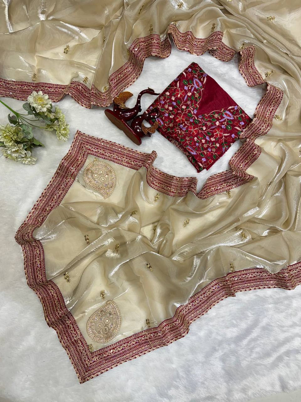 Women's Exquisite Ivory Tissue Organza Saree with Gold Sequin & Zari Embroidery – Paired with Heavy Maroon Readymade Blouse for Wedding & Festive Wear - Image 2