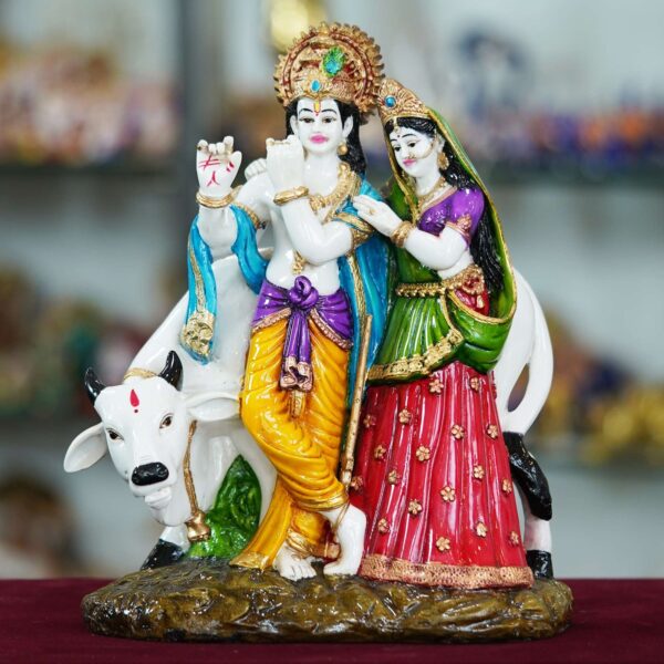 Radha Krishna with Cow Resin Sculpture - Divine Harmony and Blessings for Your Home